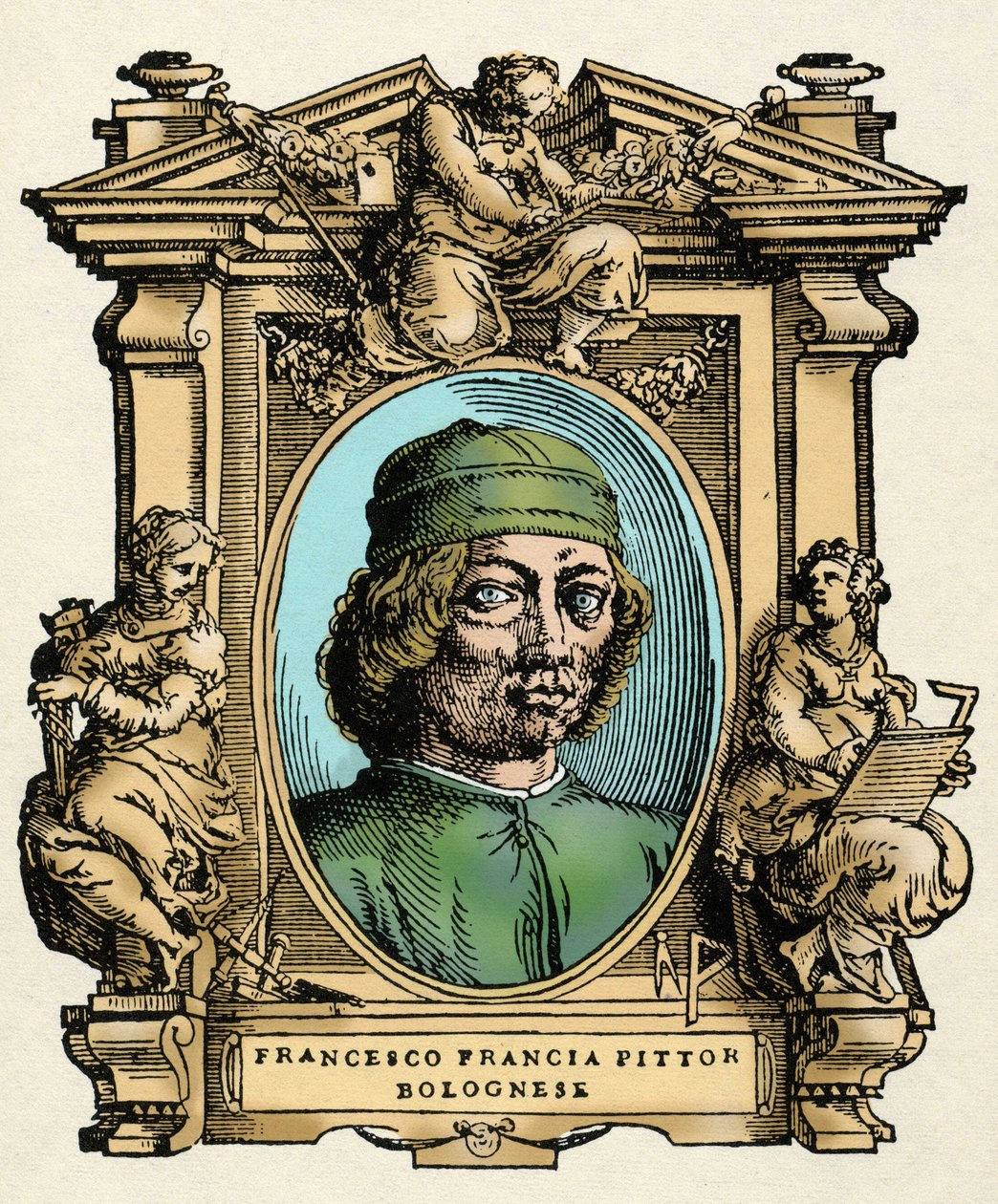 Ritratto di Francesco Francia (1450-1517) pittore italiano. Incisione del trattato “Le Vite dei più eccellenti pittori, scultori e architetti” di Giorgio Vasari da Giorgio Vasari
