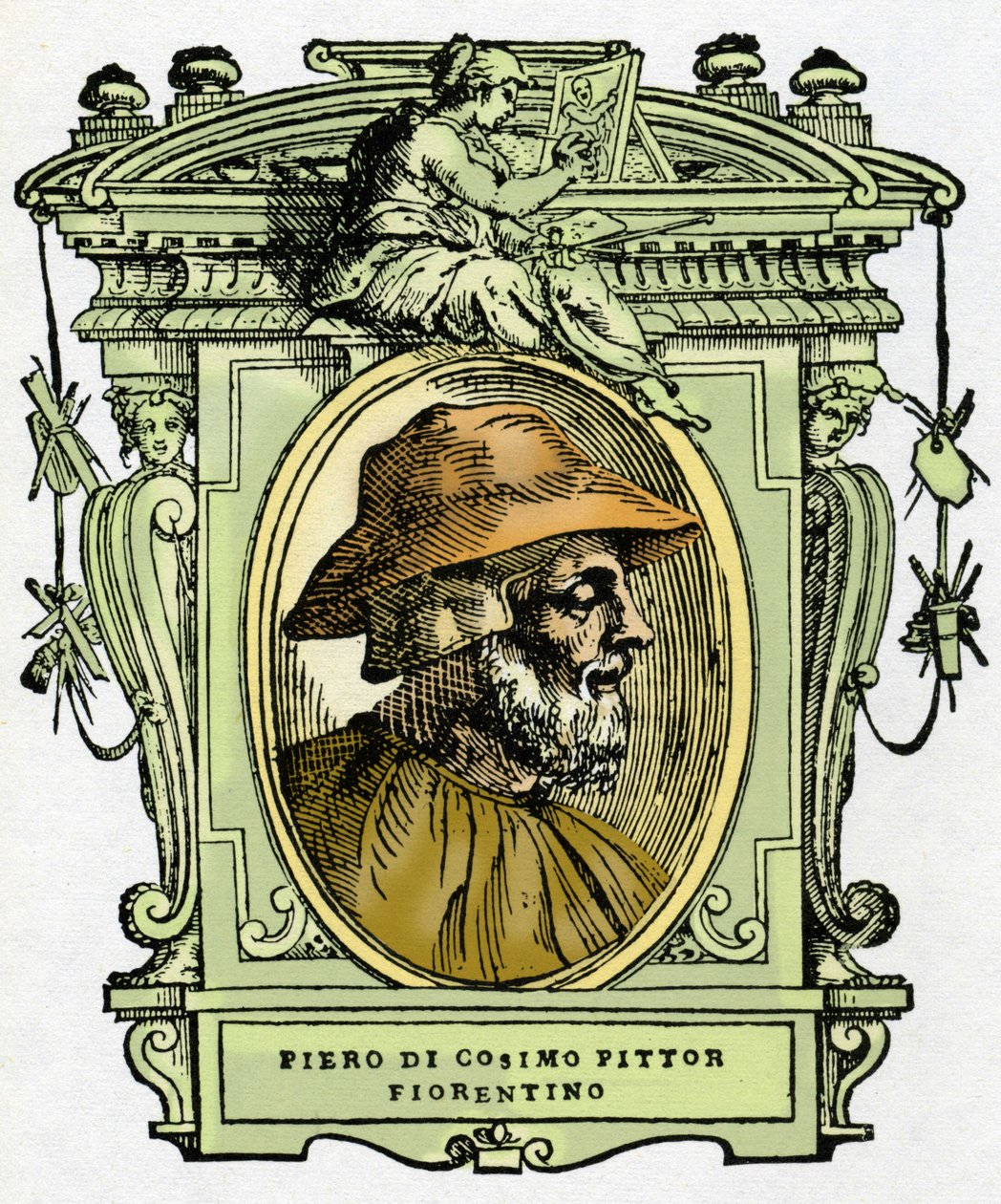 Ritratto di Piero di Cosimo (c.1462-1521?) pittore fiorentino. Incisione del trattato “Le Vite dei più eccellenti pittori, scultori e architetti” di Giorgio Vasari da Giorgio Vasari