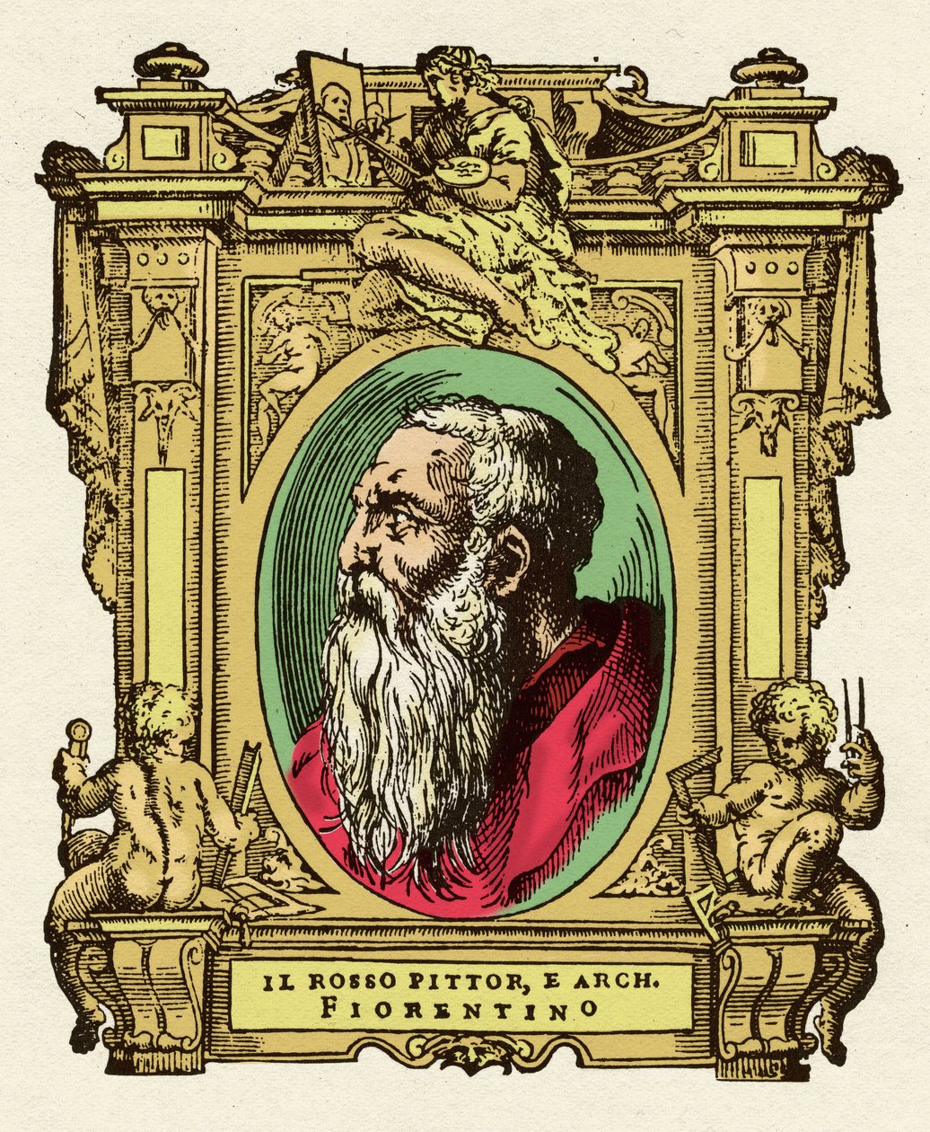 Ritratto del pittore Giovanni Battista di Jacopo (Rosso Fiorentino) (1495-1540). Era un membro della Scuola di Fontainebleau. Incisione del trattato "Le Vite dei più eccellenti pittori, scultori e architetti" da Giorgio Vasari