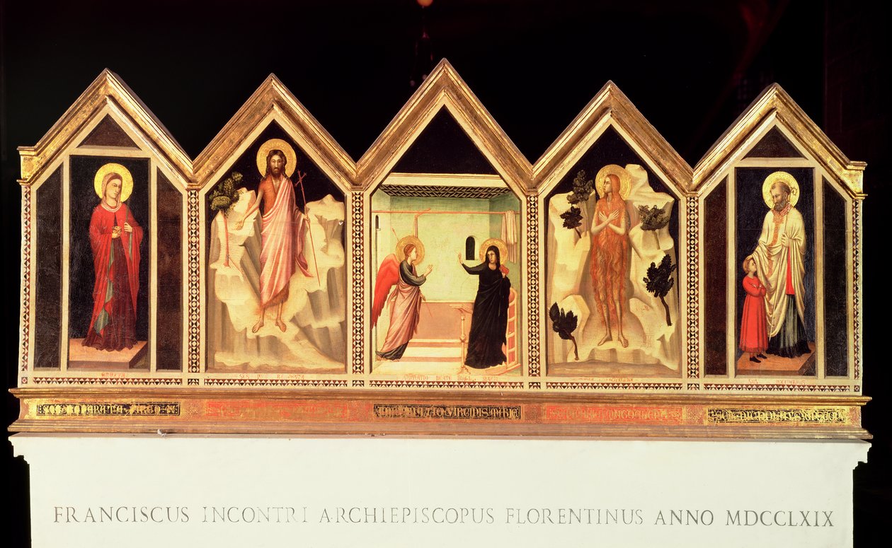 Polittico di Santa Reparata, da sinistra a destra: Santa Reparata, San Giovanni Battista, Annunciazione, santo non identificato, San Nicola (retro) da Giotto di Bondone