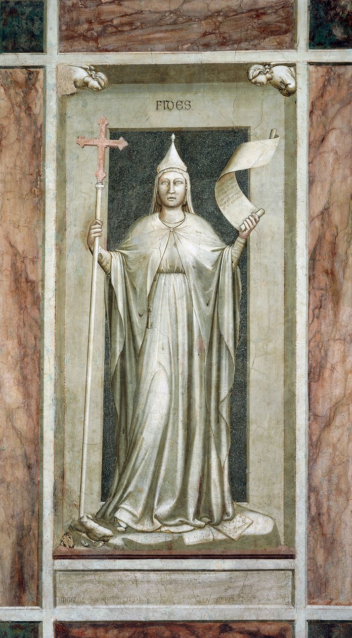Fede, figura femminile che tiene la Croce e un rotolo simbolo della Verità Rivelata, mentre distrugge un idolo e sta sui simboli della Kabbalah, ciclo di affreschi I Vizi e le Virtù, dopo il restauro, Cappella degli Scrovegni, Padova, Veneto, Italia da Giotto (c.1266 1337)