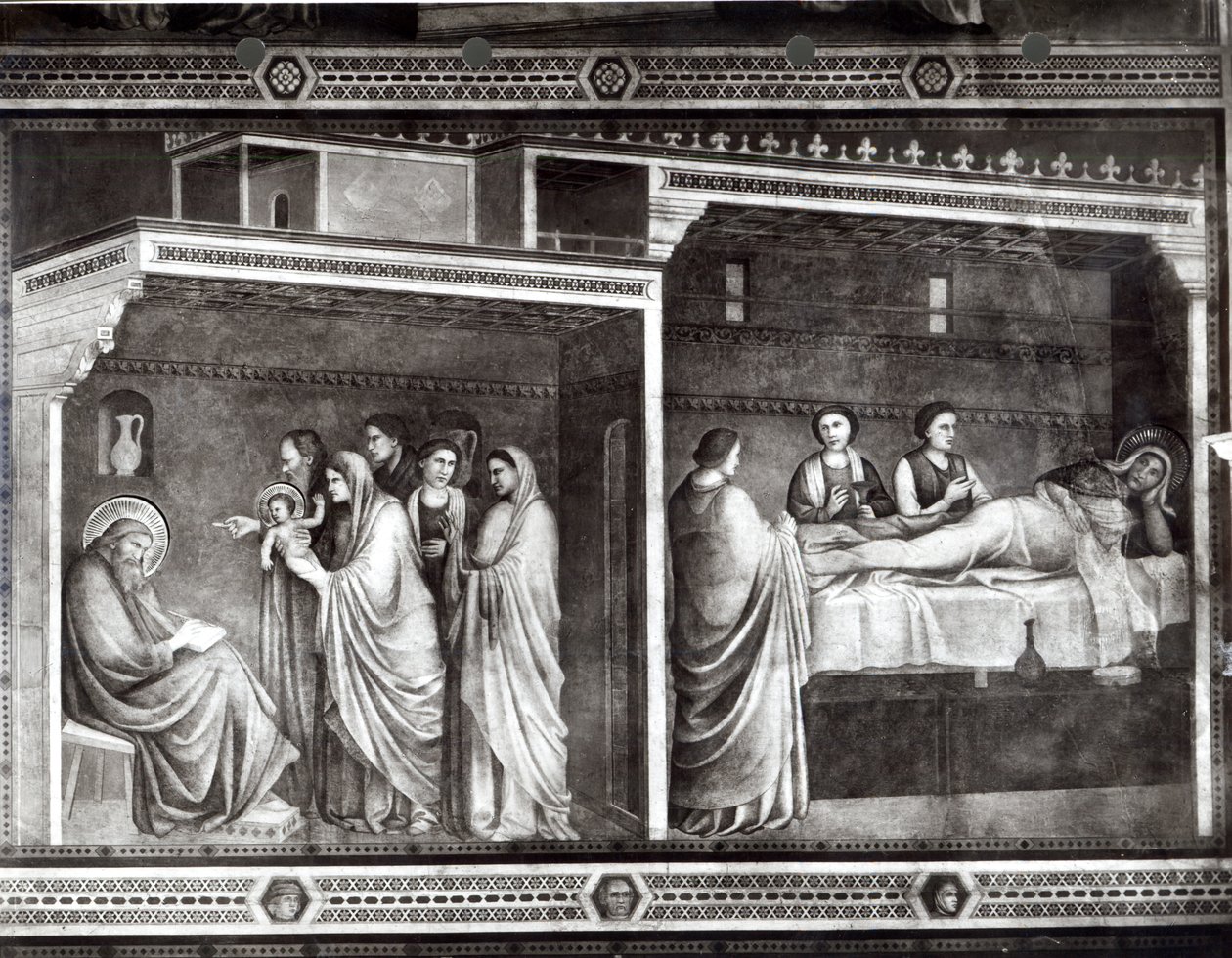 La Nascita di San Giovanni Battista e suo padre Zaccaria che scrive il suo nome da Giotto di Bondone