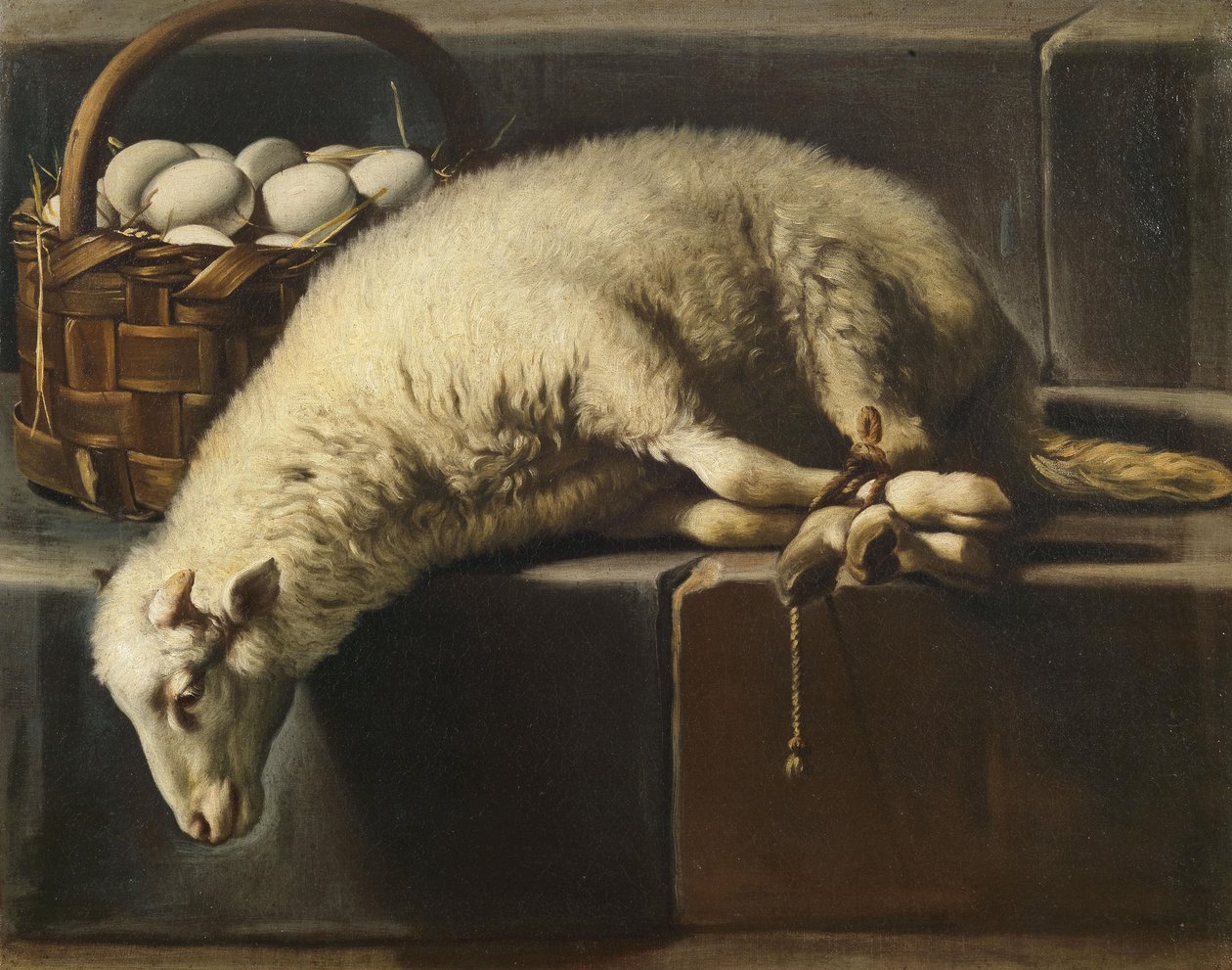 Un agnello legato accanto a un cesto di uova Allegoria della Pasqua, seconda metà del XVII secolo da Giovan Battista Recco