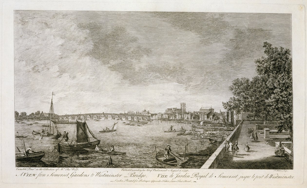 Una vista dai Giardini di Somerset al Ponte di Westminster, inciso da Johann Sebastian Mueller (c.1715-92) 1750 da Giovanni Antonio Canal