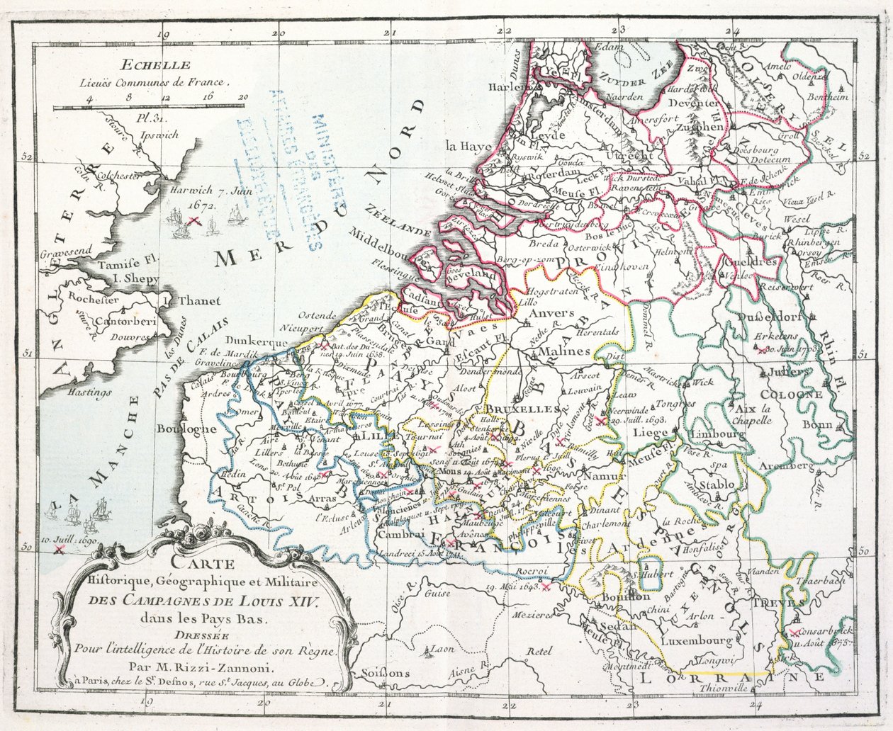 Mappa delle campagne militari di Luigi XIV nei Paesi Bassi, da Atlas géographique et militaire, pubblicato a Parigi, 1763 da Giovanni Antonio Rizzi Zannoni