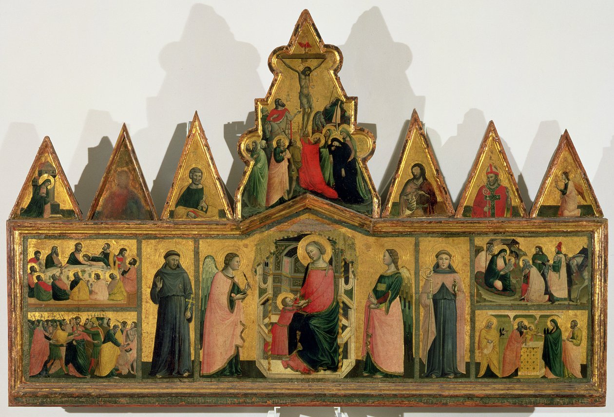 Polittico: pannello centrale raffigurante la Madonna col Bambino in trono con angeli e santi circondato da pannelli raffiguranti scene della vita di Cristo, timpani triangolari raffiguranti santi, angeli da Giovanni Baronzio da Rimini