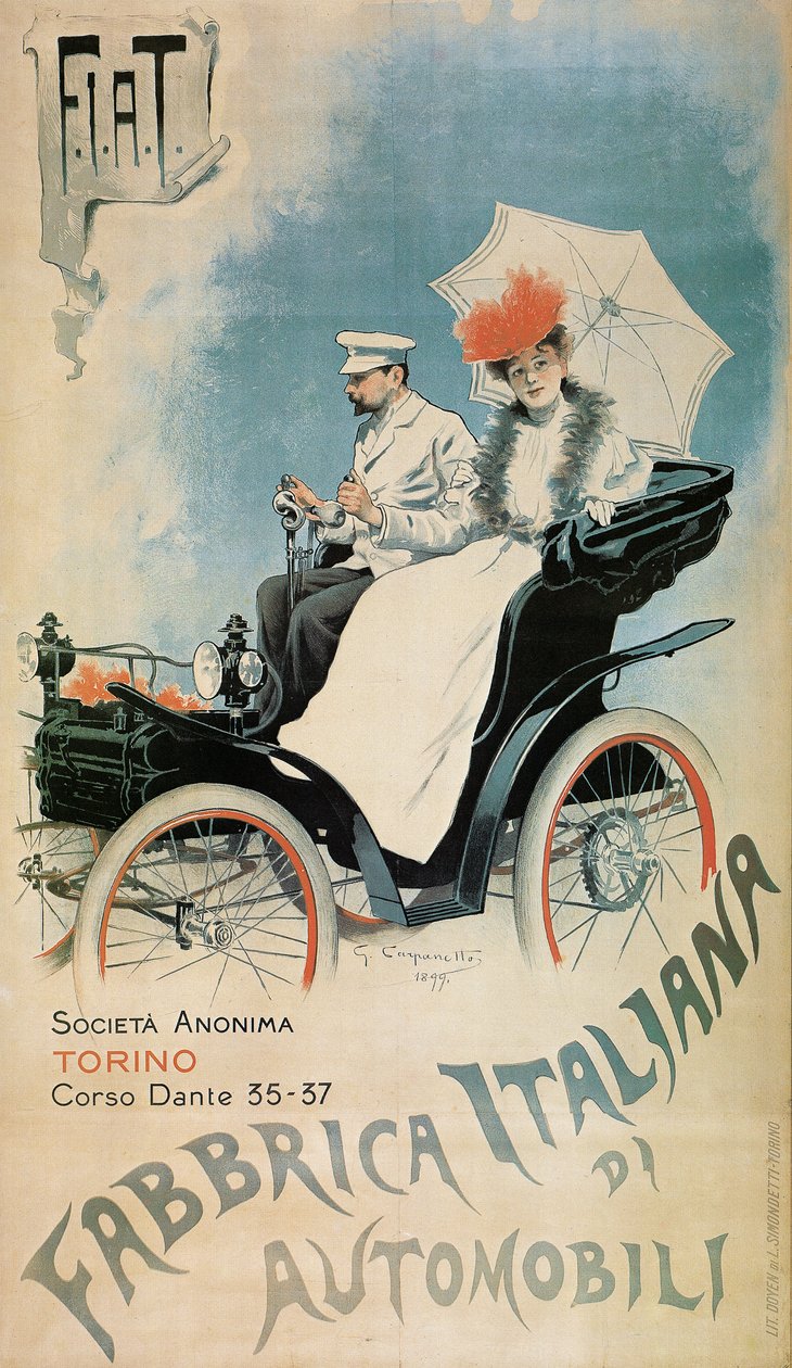 Poster pubblicitario di una prima auto FIAT, 1899 da Giovanni Battista Carpanetto