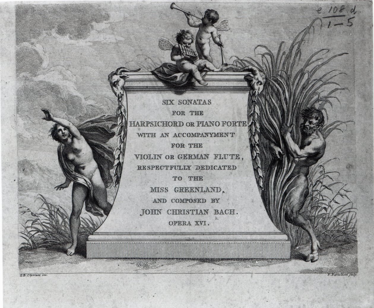 Frontespizio per sei sonate di John Christian Bach, dedicate a Miss Greenland, inciso da Francesco Bartolozzi da Giovanni Battista Cipriani