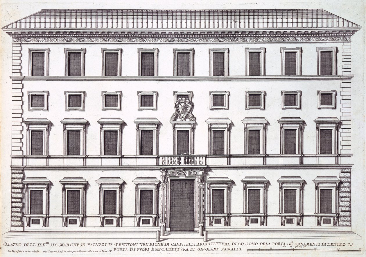 Vista della facciata di Palazzo Marchese, Roma, progettato da Giacomo della Porta e Girolamo Rainaldi da Giovanni Battista Falda