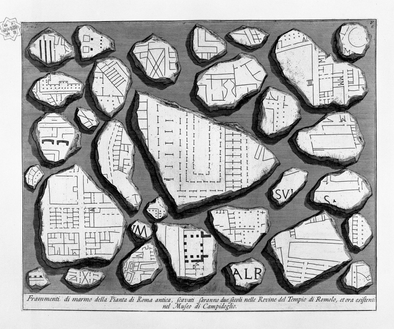 Frammenti di marmo della Pianta di Roma antica da Giovanni Battista Piranesi