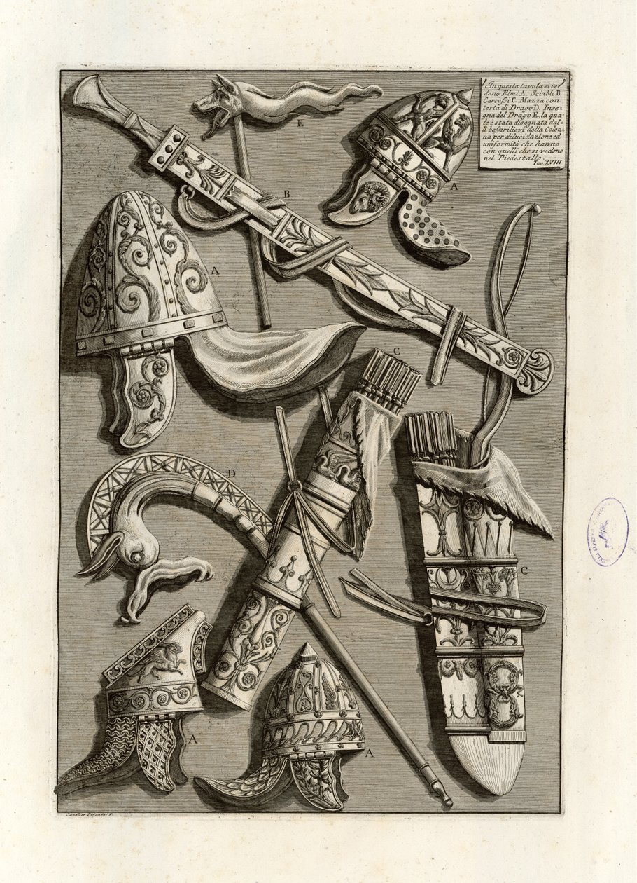 In questa tavola si vedono elmi da Giovanni Battista Piranesi