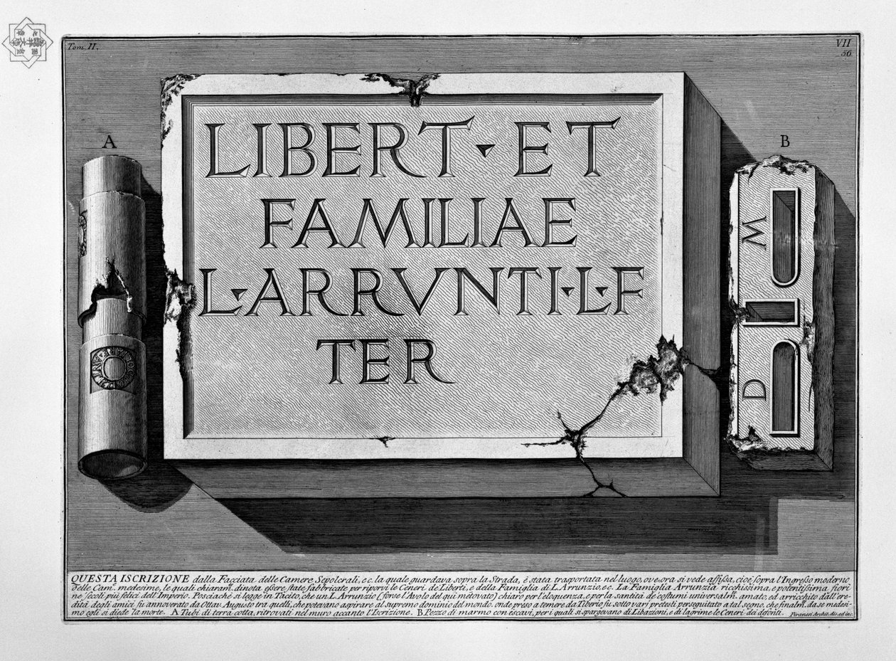 Iscrizione nella tomba della famiglia di L. Arrunzio da Giovanni Battista Piranesi