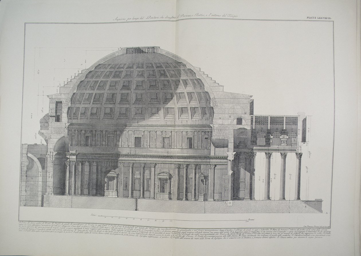 Sezione longitudinale del Pantheon che mostra la cupola, il portico e l