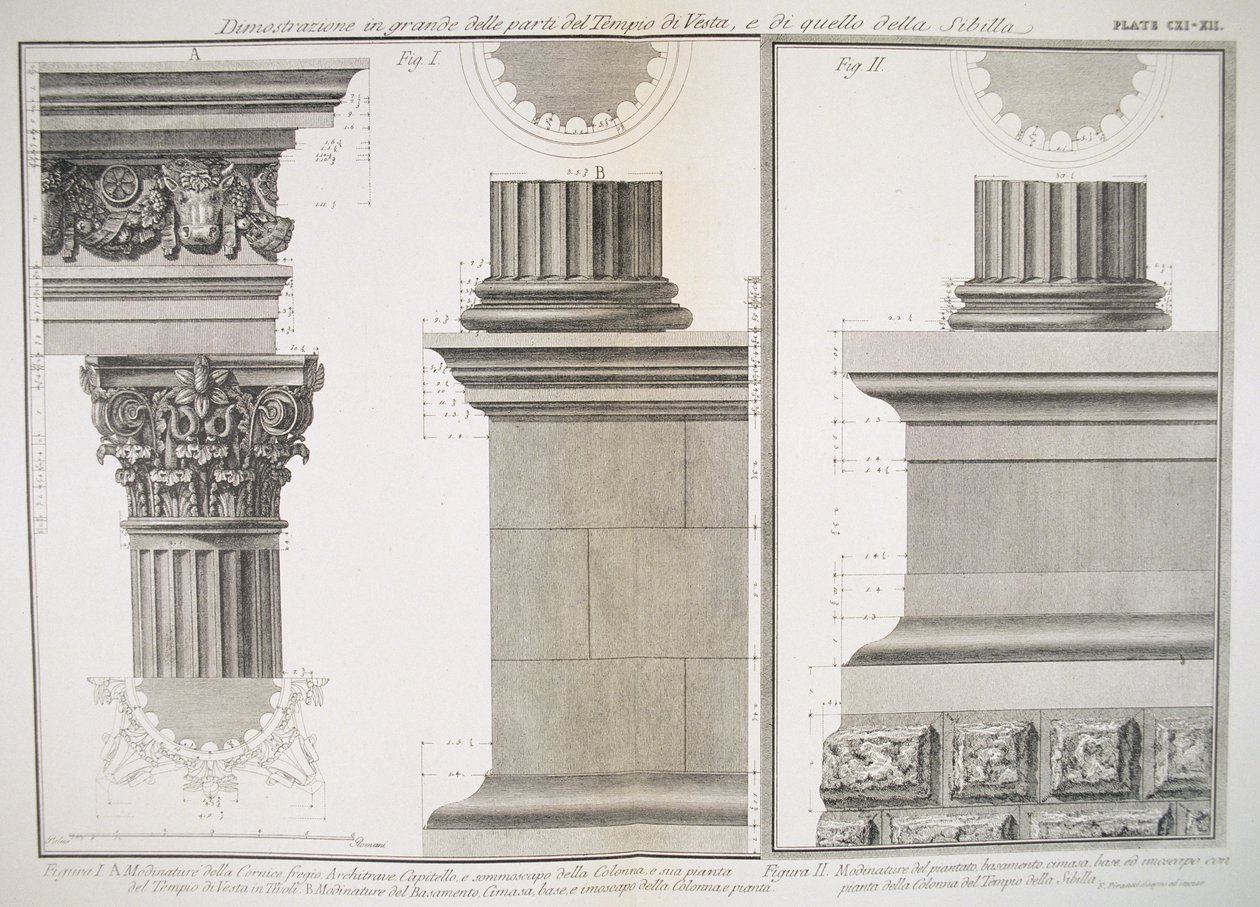 Illustrazione della struttura della colonna del Tempio di Vesta e del Tempio di Sibilla da 