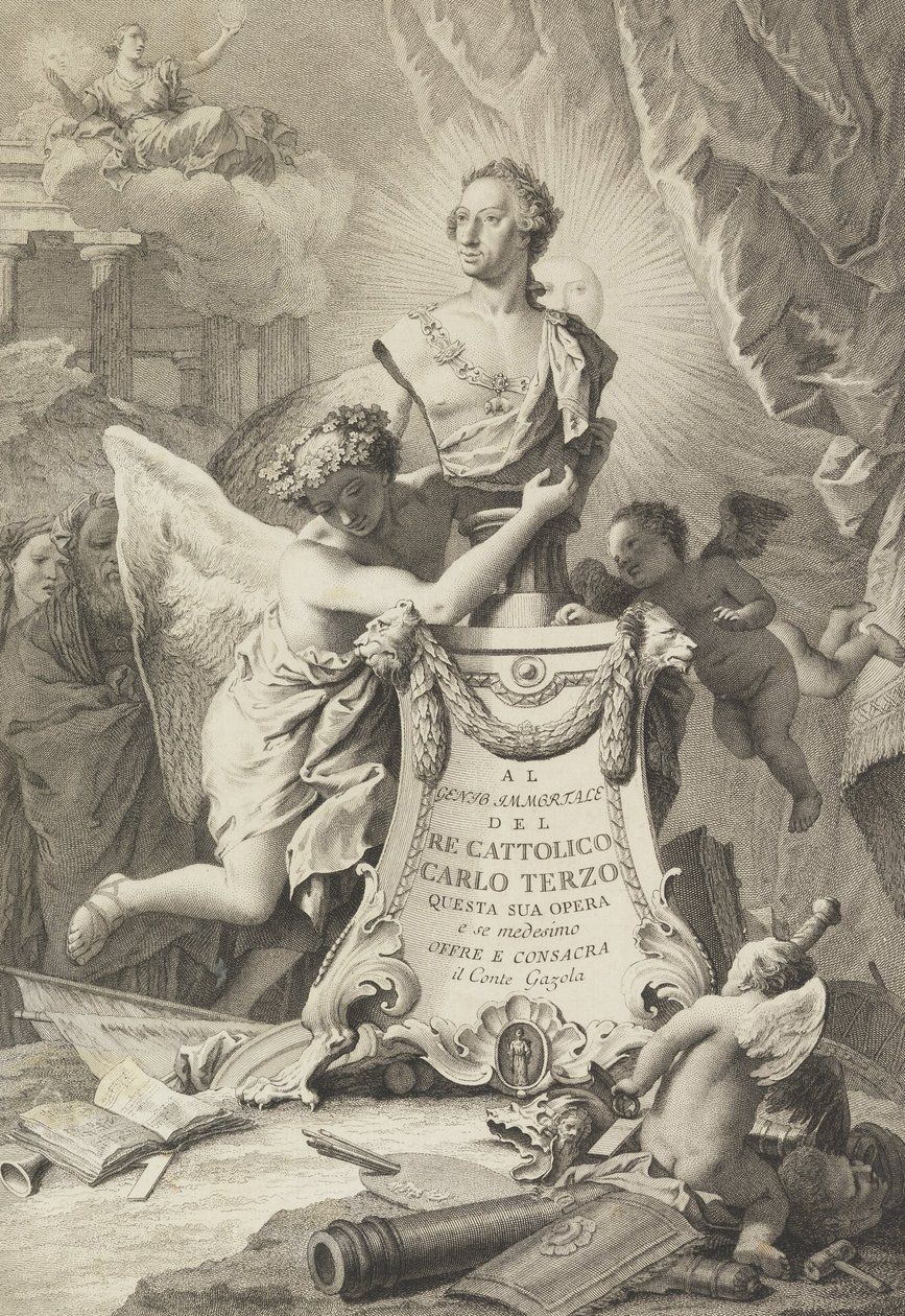 Pagina di dedica a Carlo III di Spagna e delle Due Sicilie, frontespizio per Paolantonio Paoli, Ro... da Giovanni Battista Tiepolo