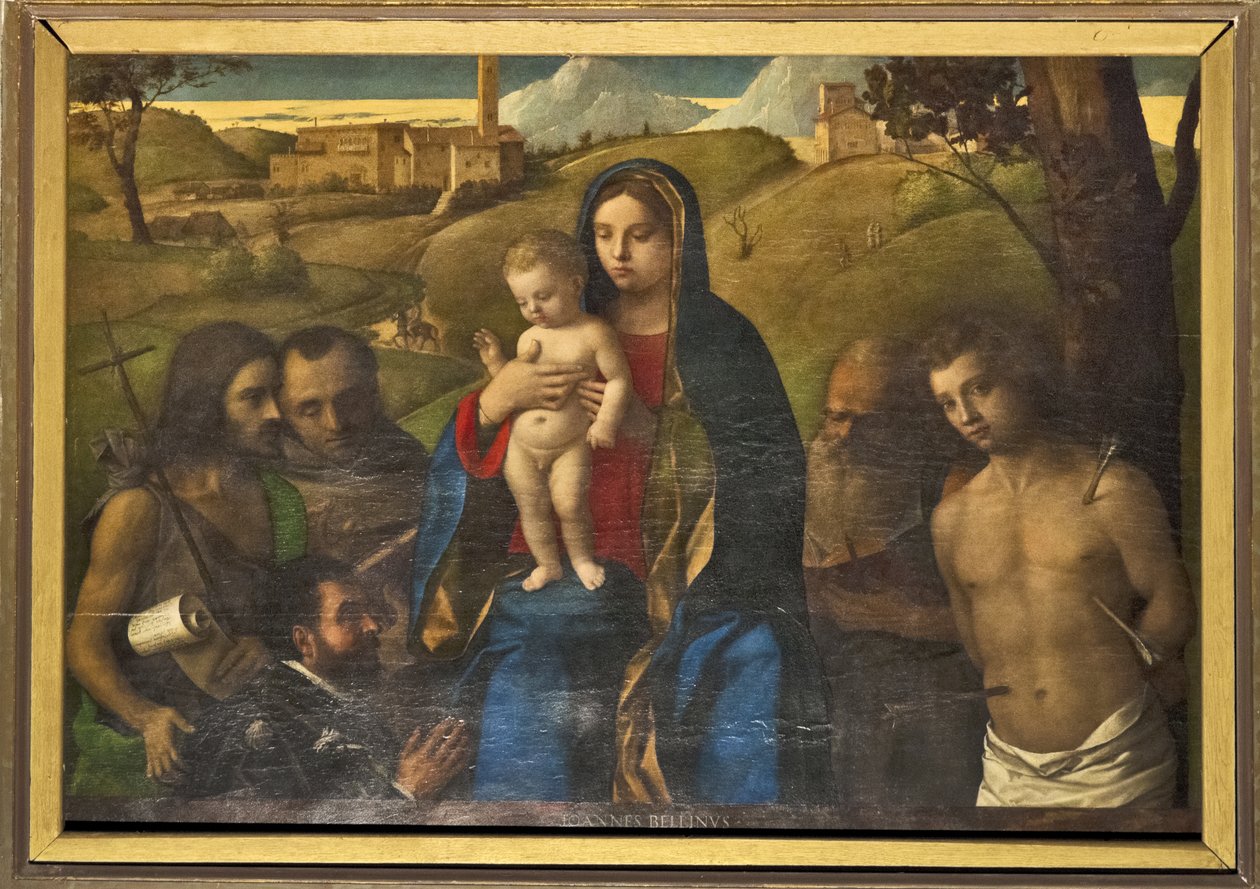 Madonna col Bambino e quattro santi (Giovanni Battista, Francesco, Girolamo e Sebastiano (da sinistra a destra)) e donatore da Giovanni Bellini
