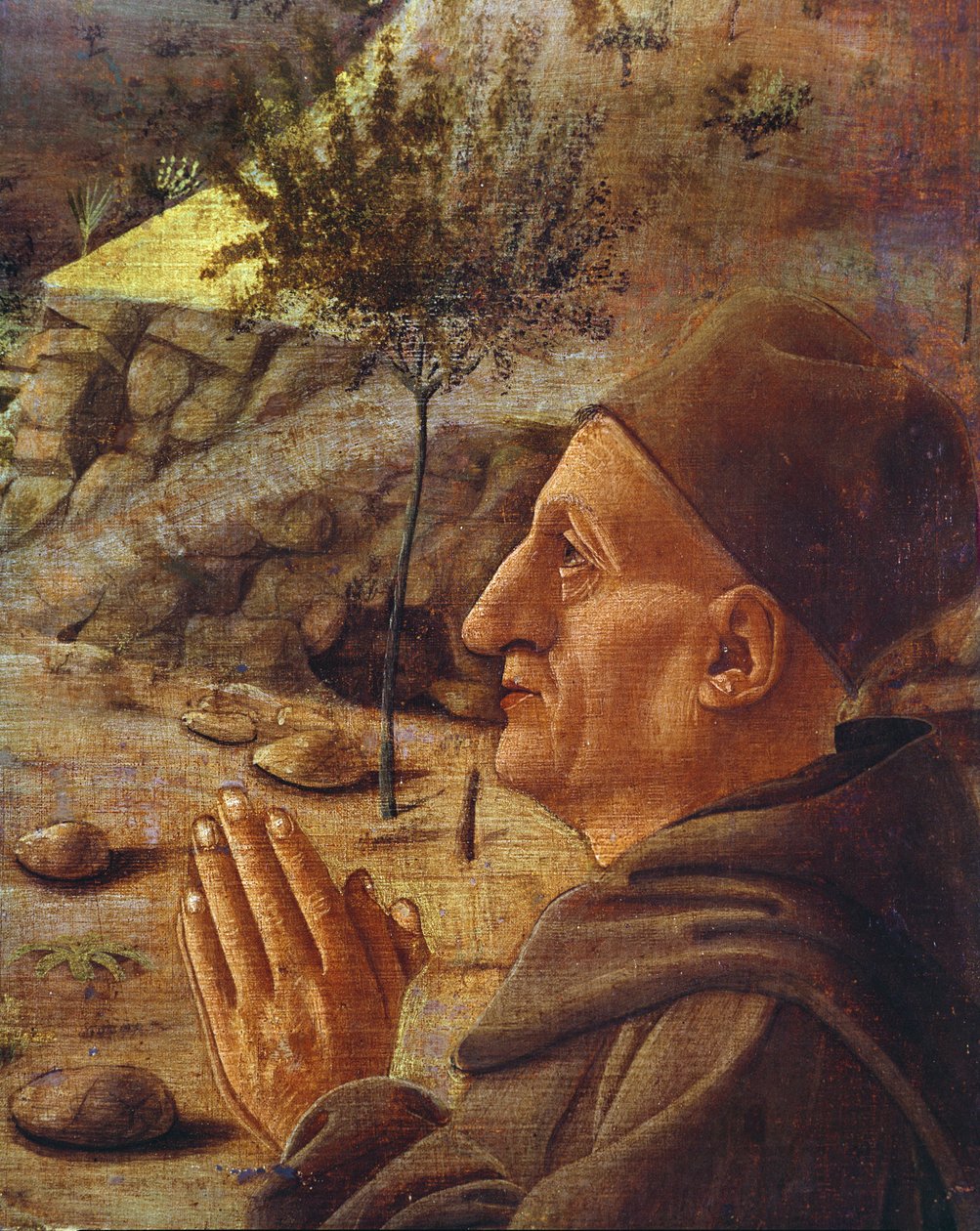 (dettaglio) Testa del patrono in La Crocifissione da Giovanni Bellini