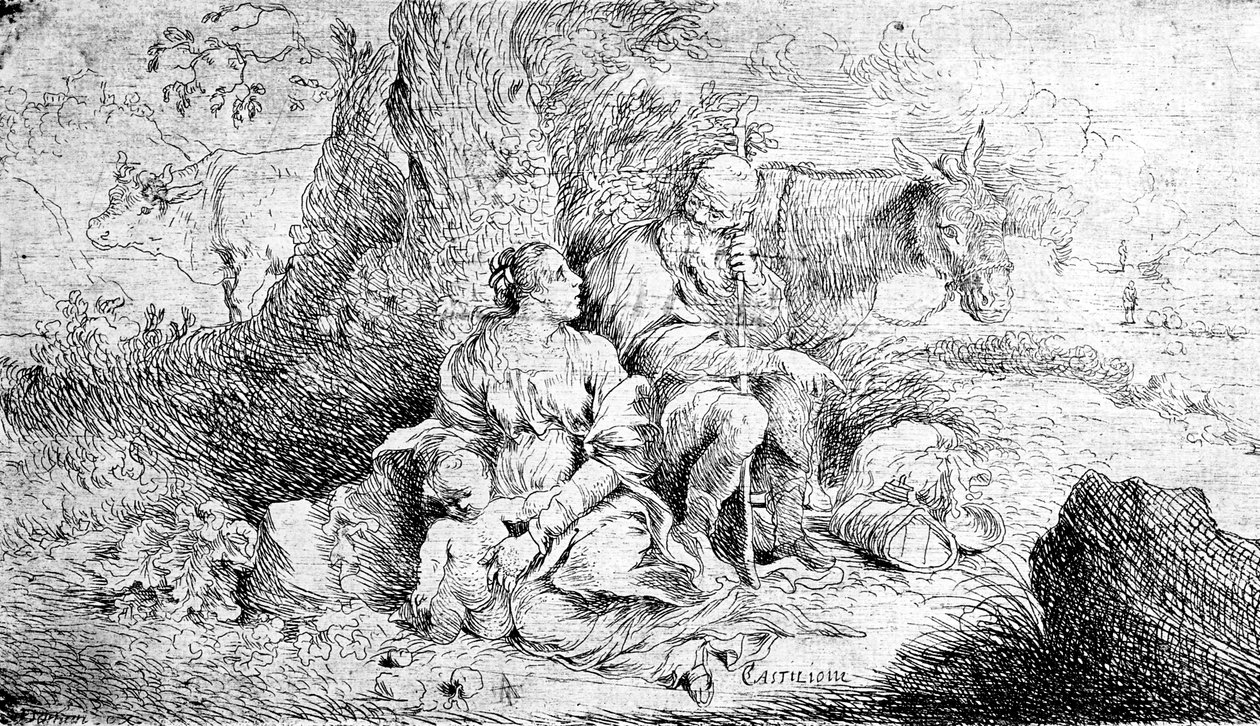 Il riposo durante la fuga in Egitto, inciso da Antonio Travi da Giovanni Benedetto Castiglione