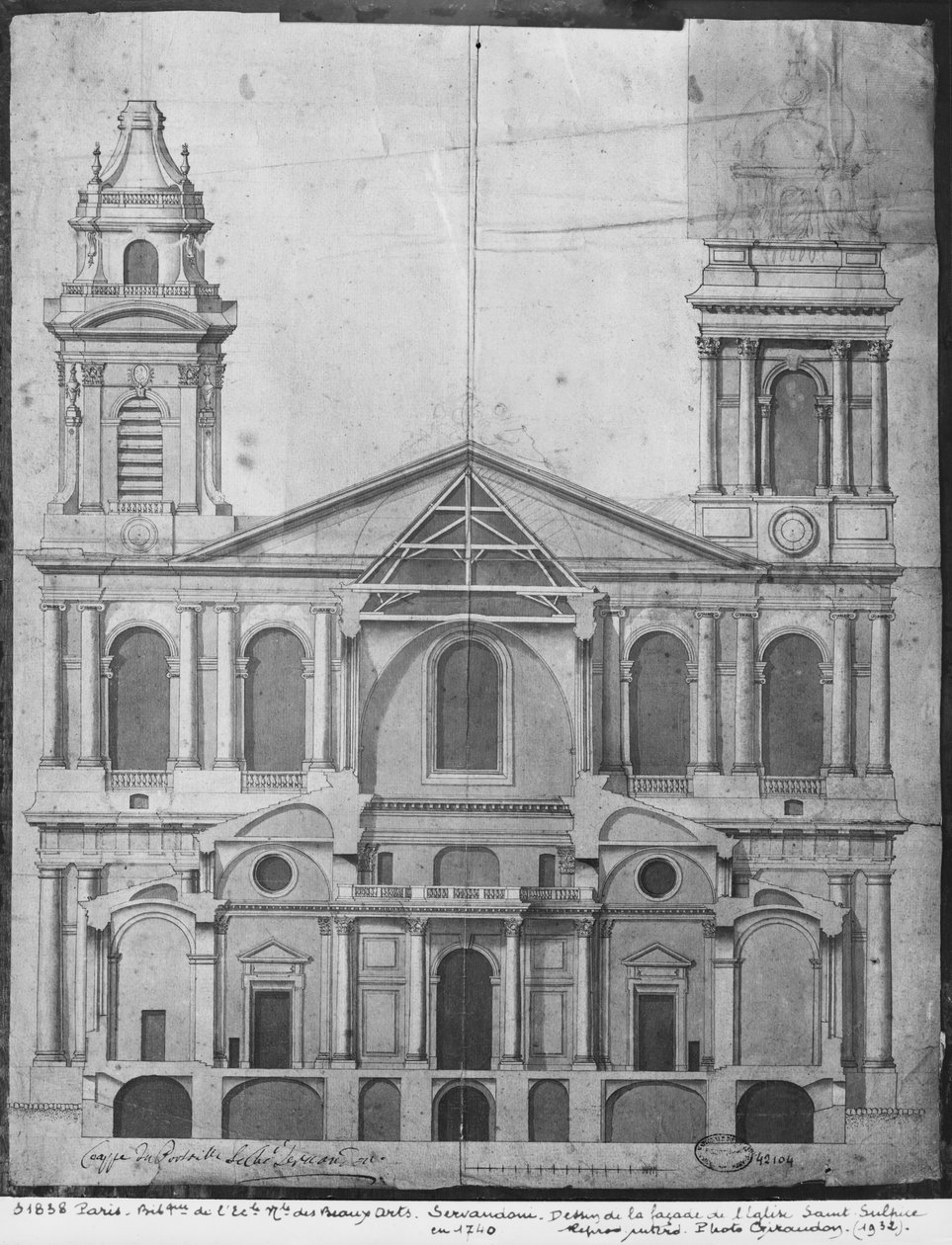 Chiesa di Saint-Sulpice, elevazione della facciata, Parigi, 1740 da Giovanni Niccolo Servandoni