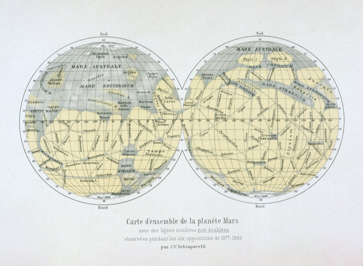 Mappa assemblata del pianeta Marte, dalle osservazioni fatte durante sei opposizioni nel 1877-88 da Giovanni Schiaparelli
