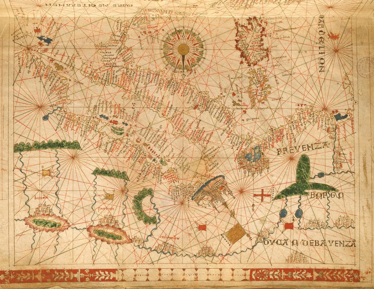 Provenza e Italia, da un atlante nautico, 1520 (inchiostro su pergamena) (dettaglio) da Giovanni Xenodocus da Corfu