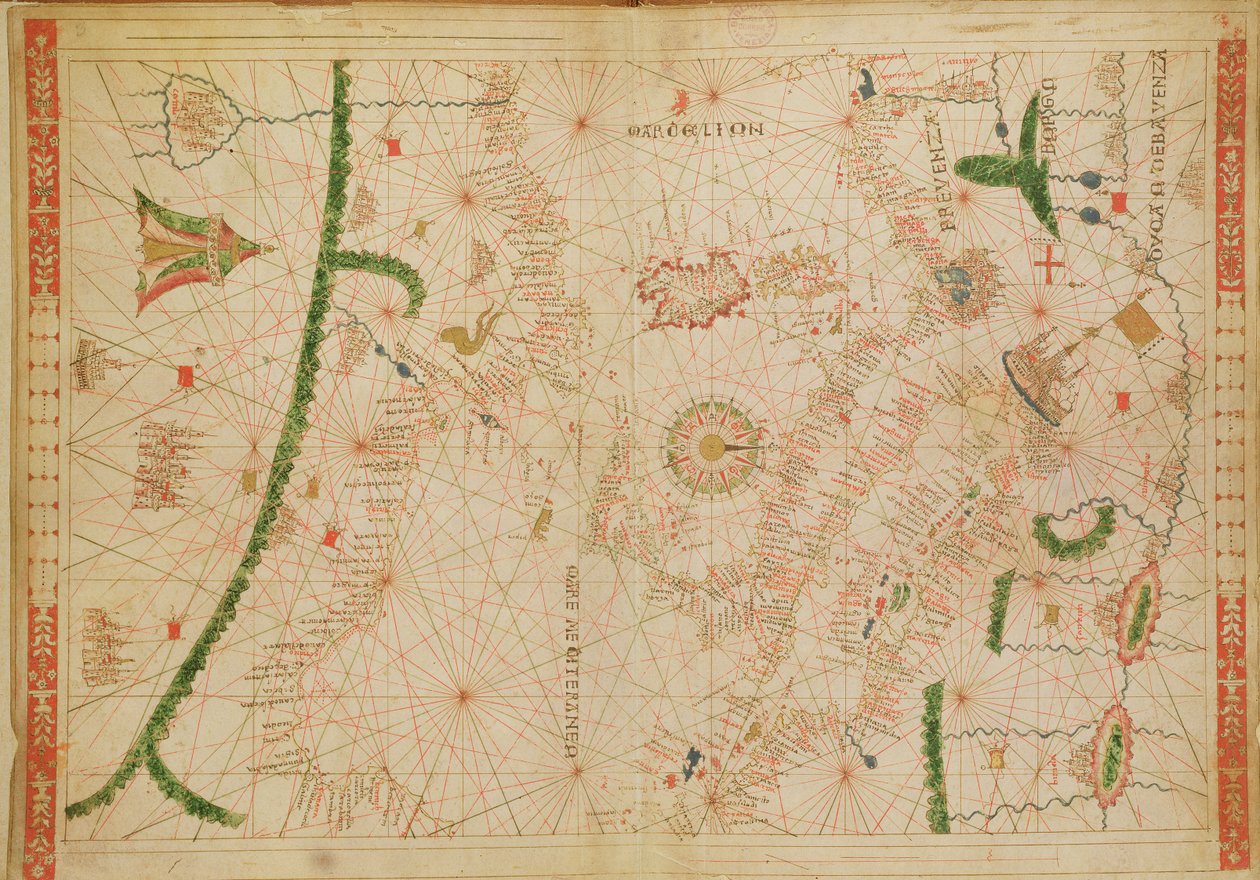 Il Mediterraneo centrale, da un atlante nautico, 1520 da Giovanni Xenodocus da Corfu