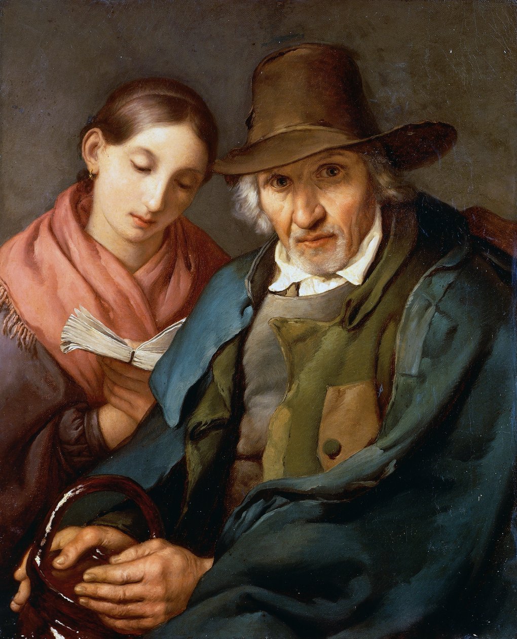 Figura di anziano seduto con un giovane popolano che legge un libro, di Giovanni Carnovali detto il Piccio (1804-1873), olio su tela, 72x59 cm da Giovanni Carnovali