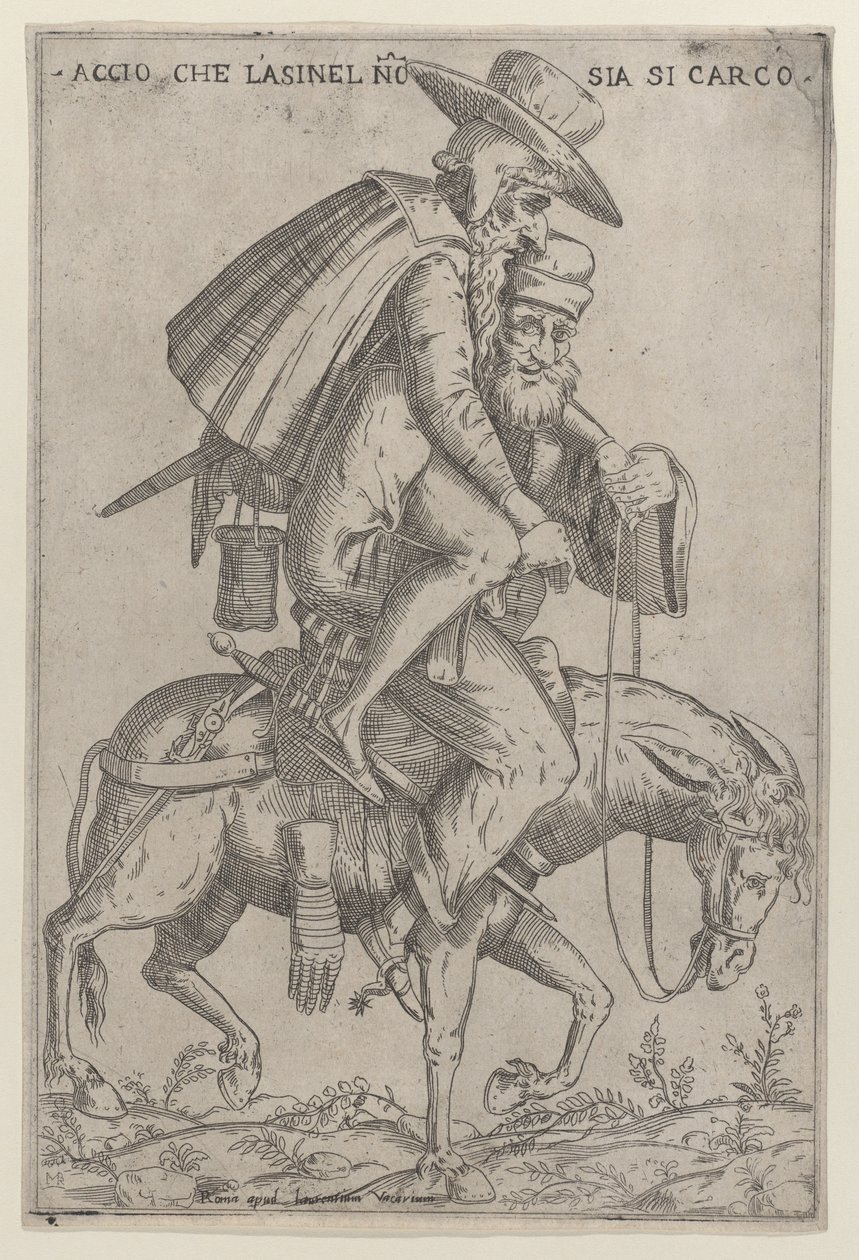 Caricatura con due uomini su un mulo da Giovanni Ambrogio Brambilla