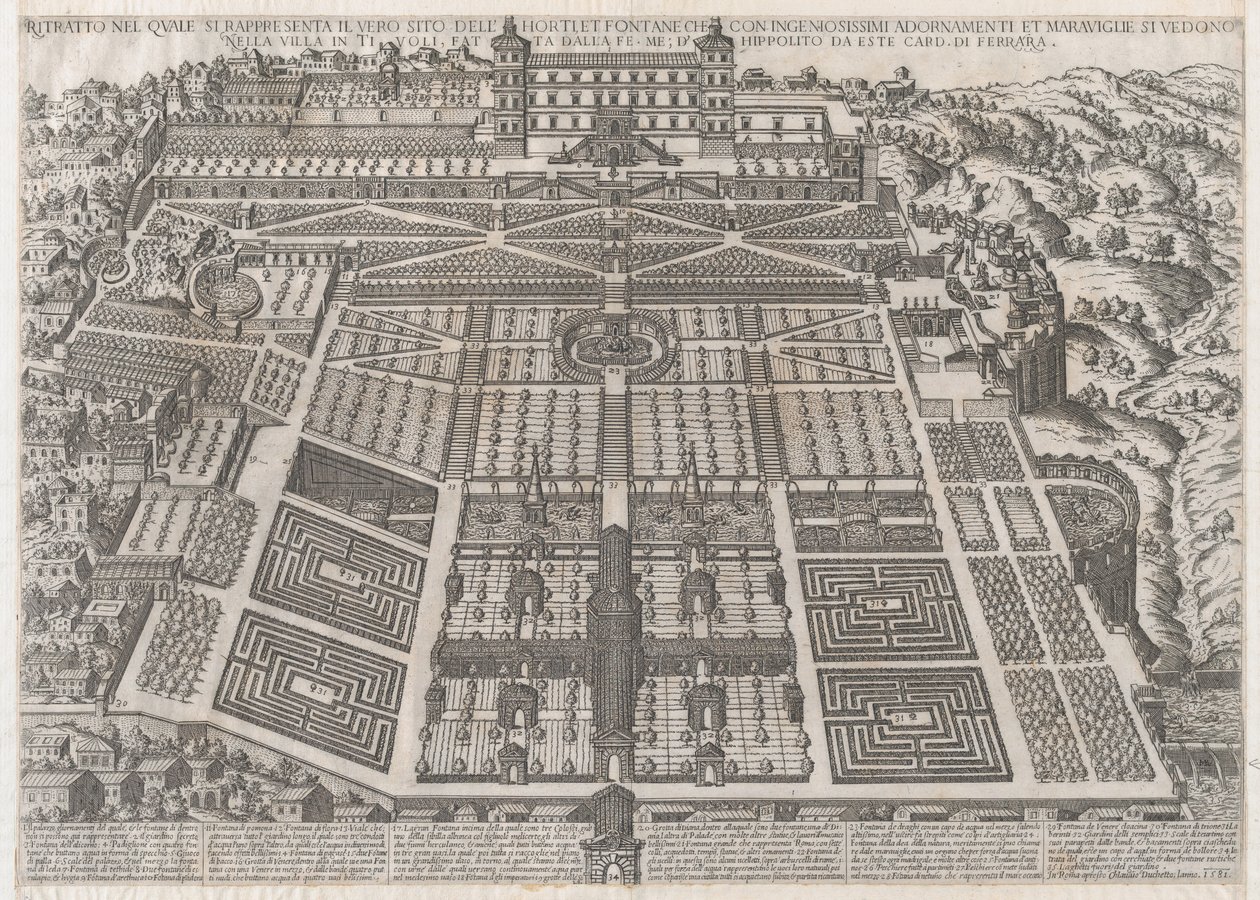 Speculum Romanae Magnificentiae: Palazzo e giardini di Tivoli, 1581 da Giovanni Ambrogio Brambilla.