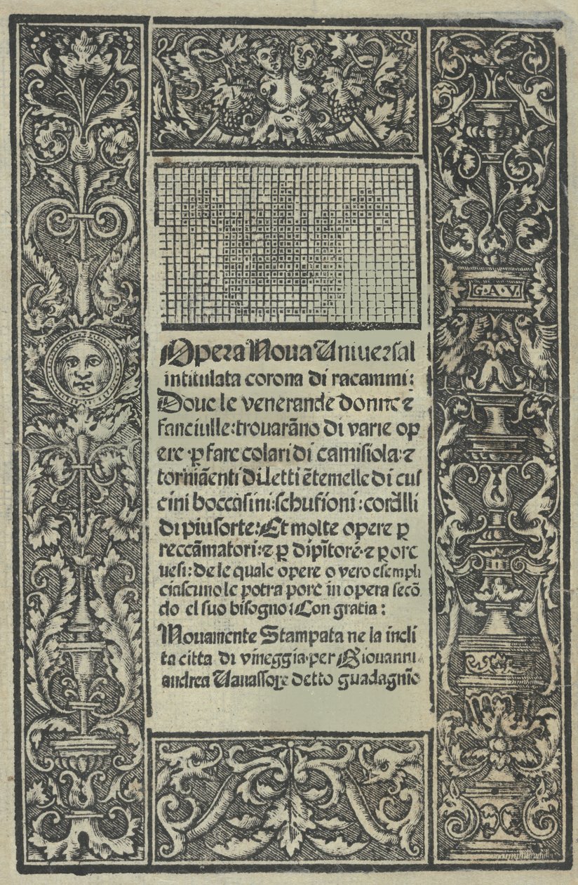 Opera Nova Universali intitulata Corona di racammi, pagina del titolo recto, [1530] da Giovanni Andrea Vavassore