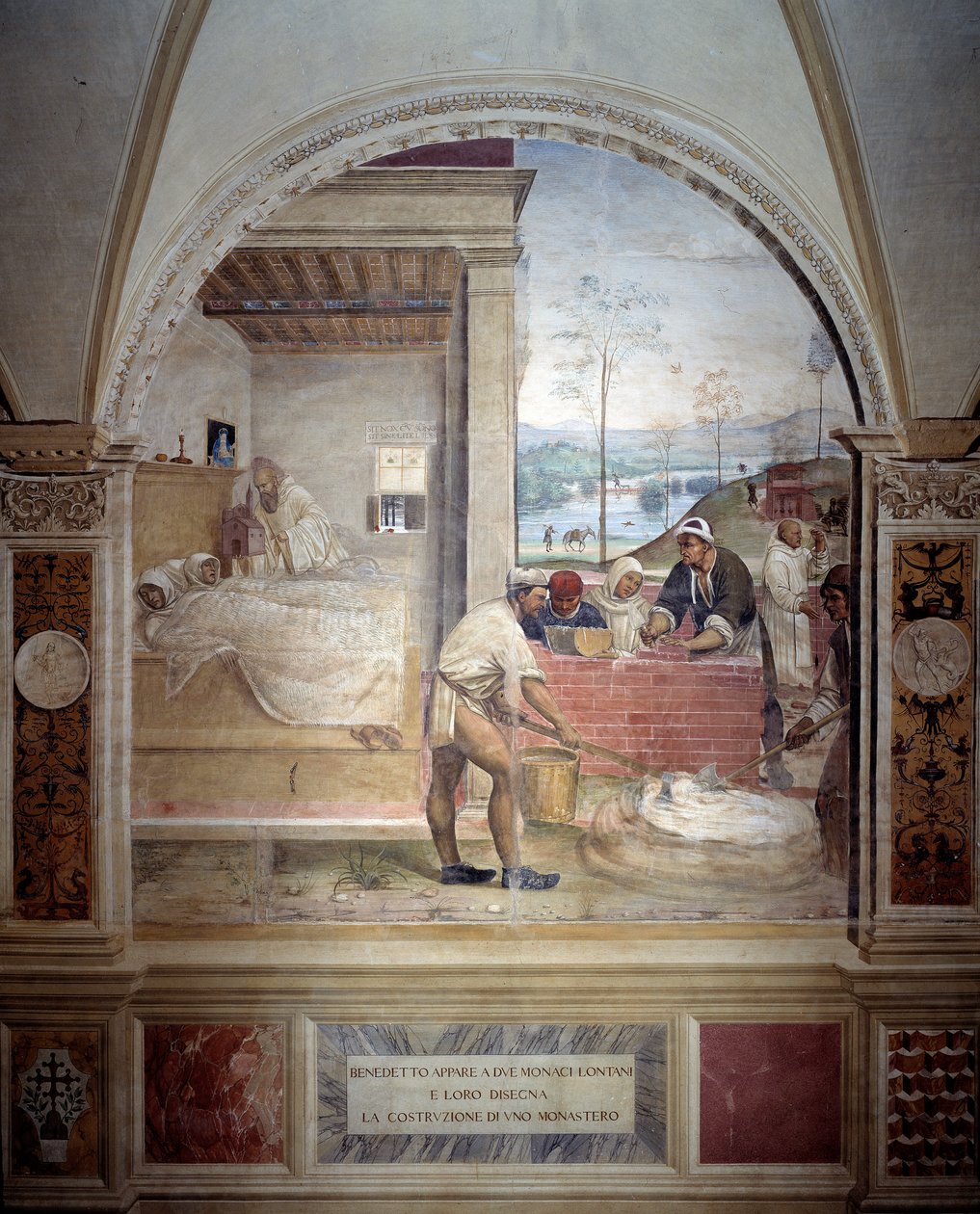 Benedetto appare a due monaci e presenta loro il progetto di un monastero (affresco del chiostro di Antonio Bazzi detto il Sodoma) da Giovanni Antonio Bazzi Sodoma