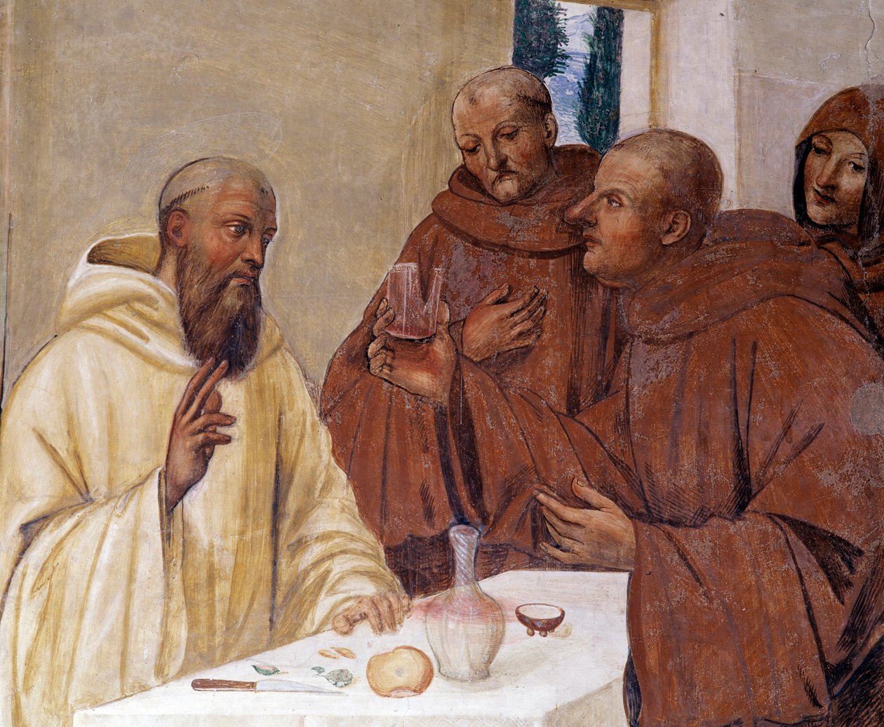 Benedetto rompe un bicchiere di vino avvelenato facendo il segno della croce (dettaglio). Affresco del chiostro di Antonio Bazzi detto il Sodoma (1477 - 1549) che racconta la vita di San Benedetto da Norcia (480 - 567) fondatore dell