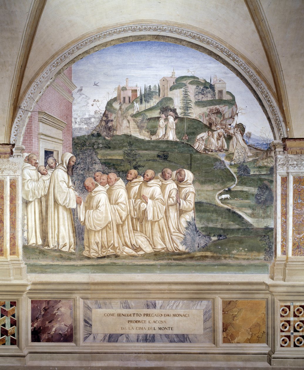 Benedetto fa scaturire una fonte sulla cima della montagna (affresco del chiostro di Antonio Bazzi detto il Sodoma) da Giovanni Antonio Bazzi Sodoma