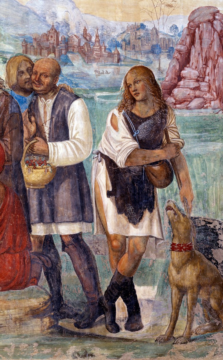 Come Benedetto insegna la dottrina santa ai contadini che lo visitano (dettaglio) affresco del chiostro realizzato da Antonio Bazzi detto il Sodoma (1477 - 1549) che racconta la vita di San Benedetto da Norcia (480 - 567) fondatore dell