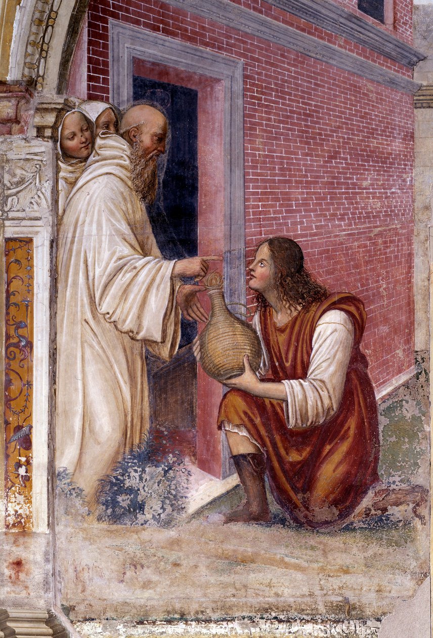 Come Benedetto trasforma in serpente una bottiglia di vino nascosta da un servo (dettaglio) - affresco del chiostro realizzato da Antonio Bazzi detto il Sodoma (1477 - 1549) che racconta la vita di San Benedetto da Norcia (480 - 567) fondatore dell