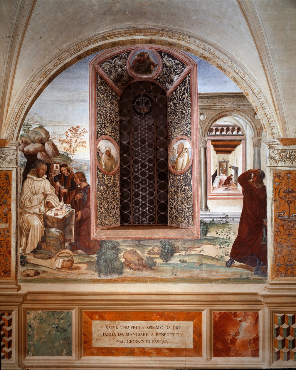 Come un prete portò cibo a Benedetto a Pasqua - Affresco del chiostro realizzato da Antonio Bazzi detto il Sodoma (1477 - 1549) che racconta la vita di San Benedetto da Norcia (480 - 567) fondatore dell