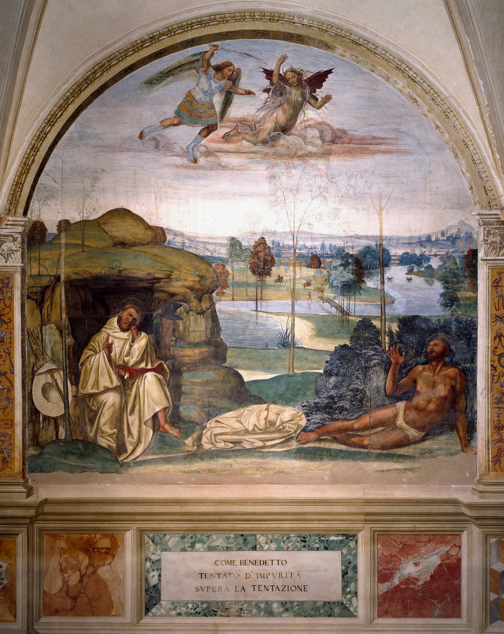 San Benedetto trionfa sulla tentazione gettandosi nudo in un cespuglio di spine, mentre un angelo combatte contro il demone affresco del refettorio dei monaci realizzato da Antonio Bazzi detto il Sodoma (1477 - 1549) che racconta la vita di San Benedetto ( da Giovanni Antonio Bazzi Sodoma