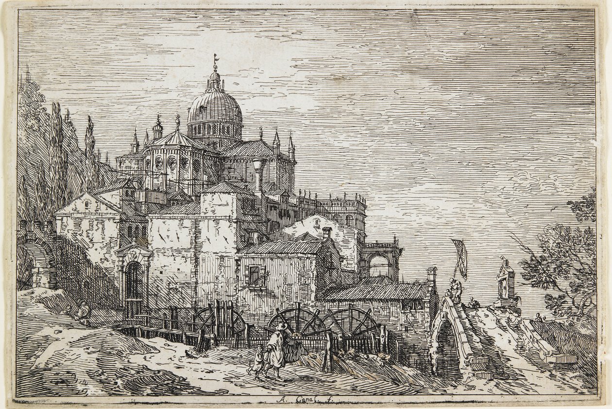 Paesaggio con una chiesa, case e un mulino da Giovanni Antonio Canal