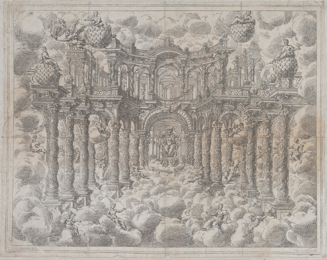 Scena teatrale con figure allegoriche sedute tra le nuvole da Giovanni Antonio Lorenzini
