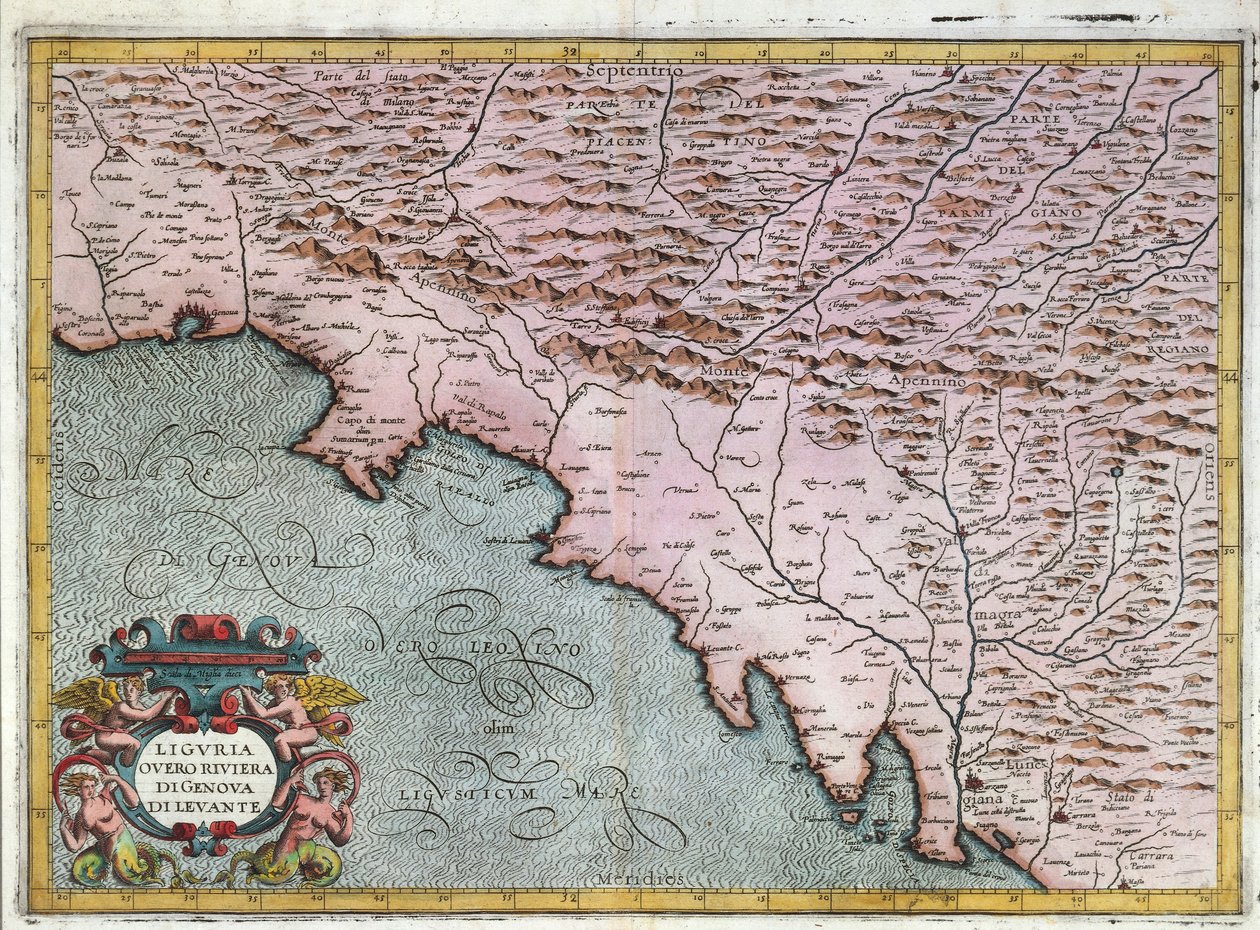 Mappa della Regione della Liguria Orientale, di Giovanni Antonio Magini, Bologna, Incisione su rame da Giovanni Antonio Magini