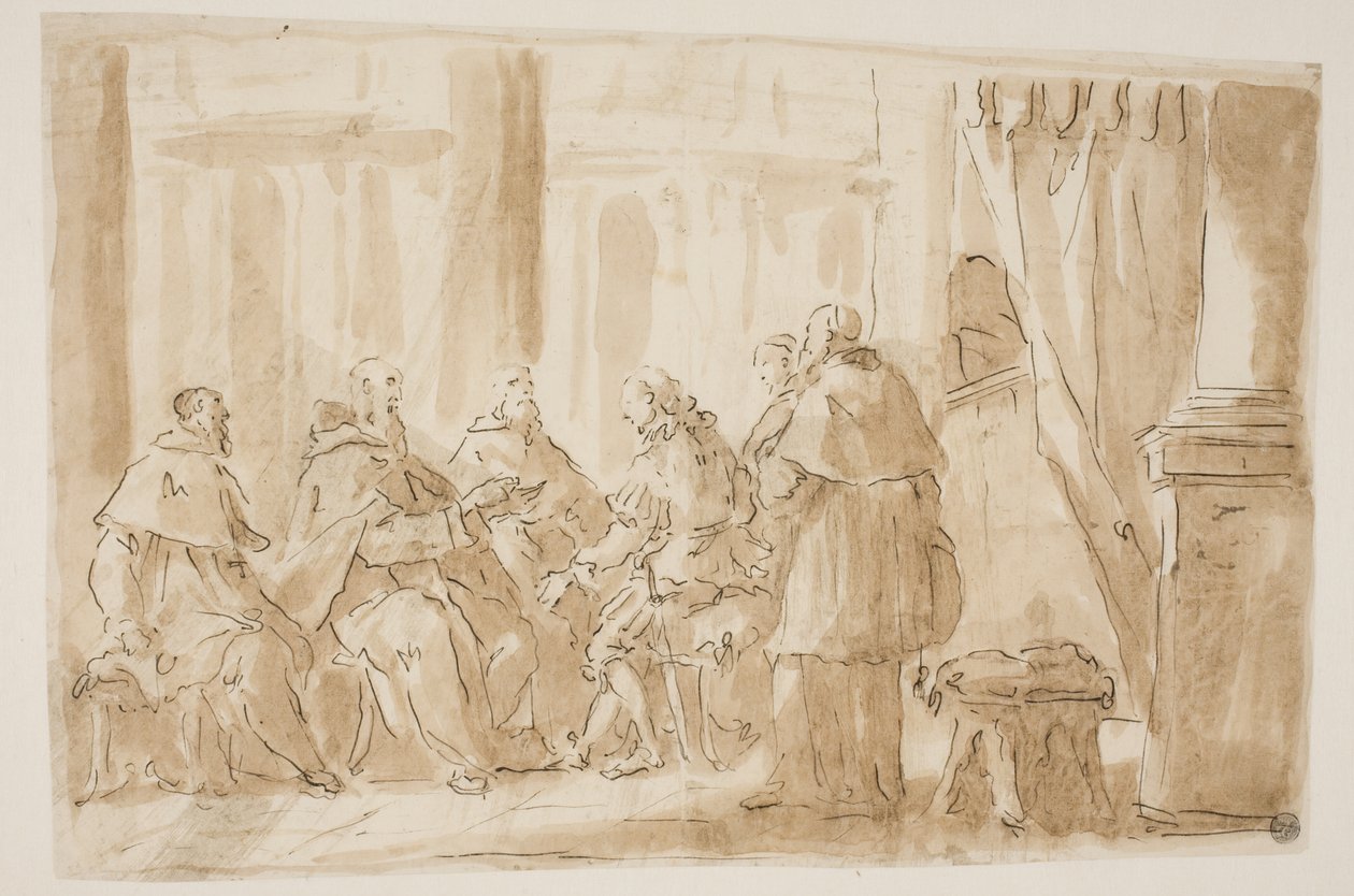 Un gruppo di cinque ecclesiastici che parlano con un laico da Giovanni Antonio Pellegrini
