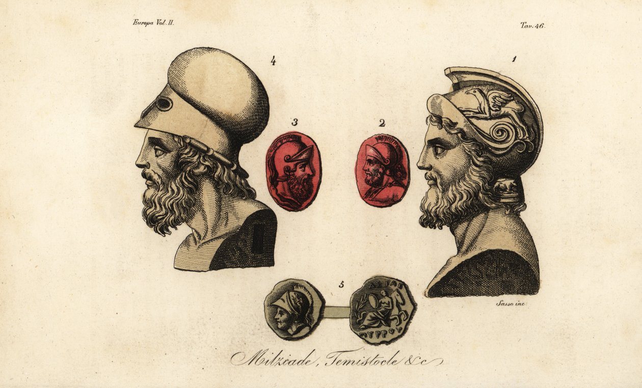 Busti e gemme di politici ateniesi Milziade il Giovane, Temistocle e re Pirro I da Giovanni Antonio Sasso