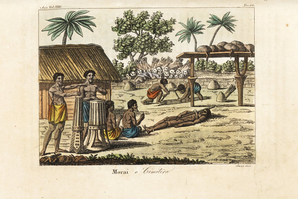 Sacrificio umano in un marae sacro (Morai) o cimitero, Tahiti. Tamburini a sinistra, una vittima legata e due scavatori che scavano una tomba davanti a un mucchio di teschi umani e faretre di frecce. Incisione a mano colorata su rame di Sasso dopo John Web da Giovanni Antonio Sasso