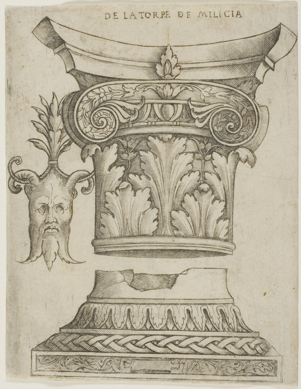 Dettagli architettonici: Base, Capitello e Maschera da Giovanni Antonio da Brescia