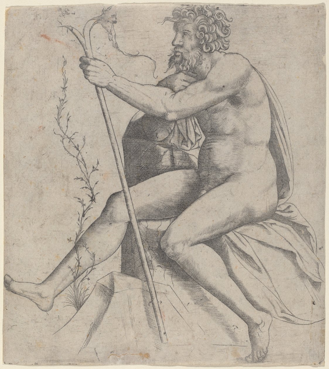 Uomo seduto con un bastone biforcuto da Giovanni Antonio da Brescia