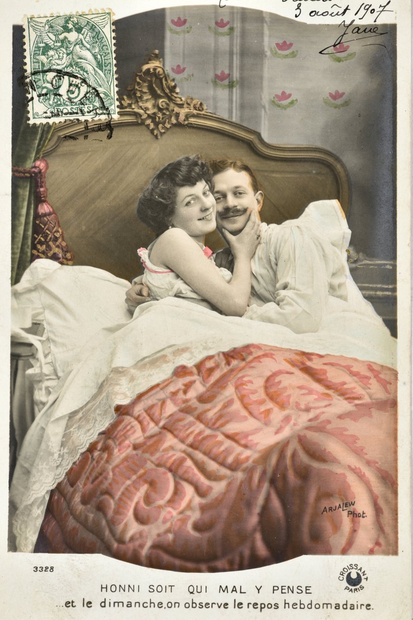 Cartolina: Honni soit qui mal y pense/Riposo domenicale settimanale - data 1907 da Phillipe de Marlier
