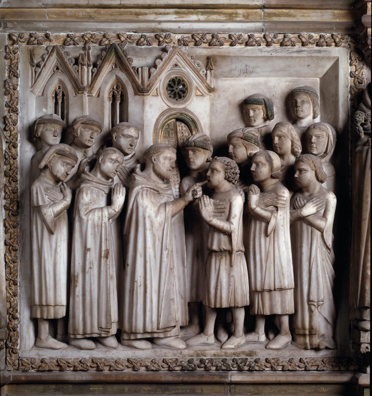 Il miracolo del muto (Vita di San Pietro da Verona). Dettaglio di un rilievo in marmo da Giovanni Balduccio