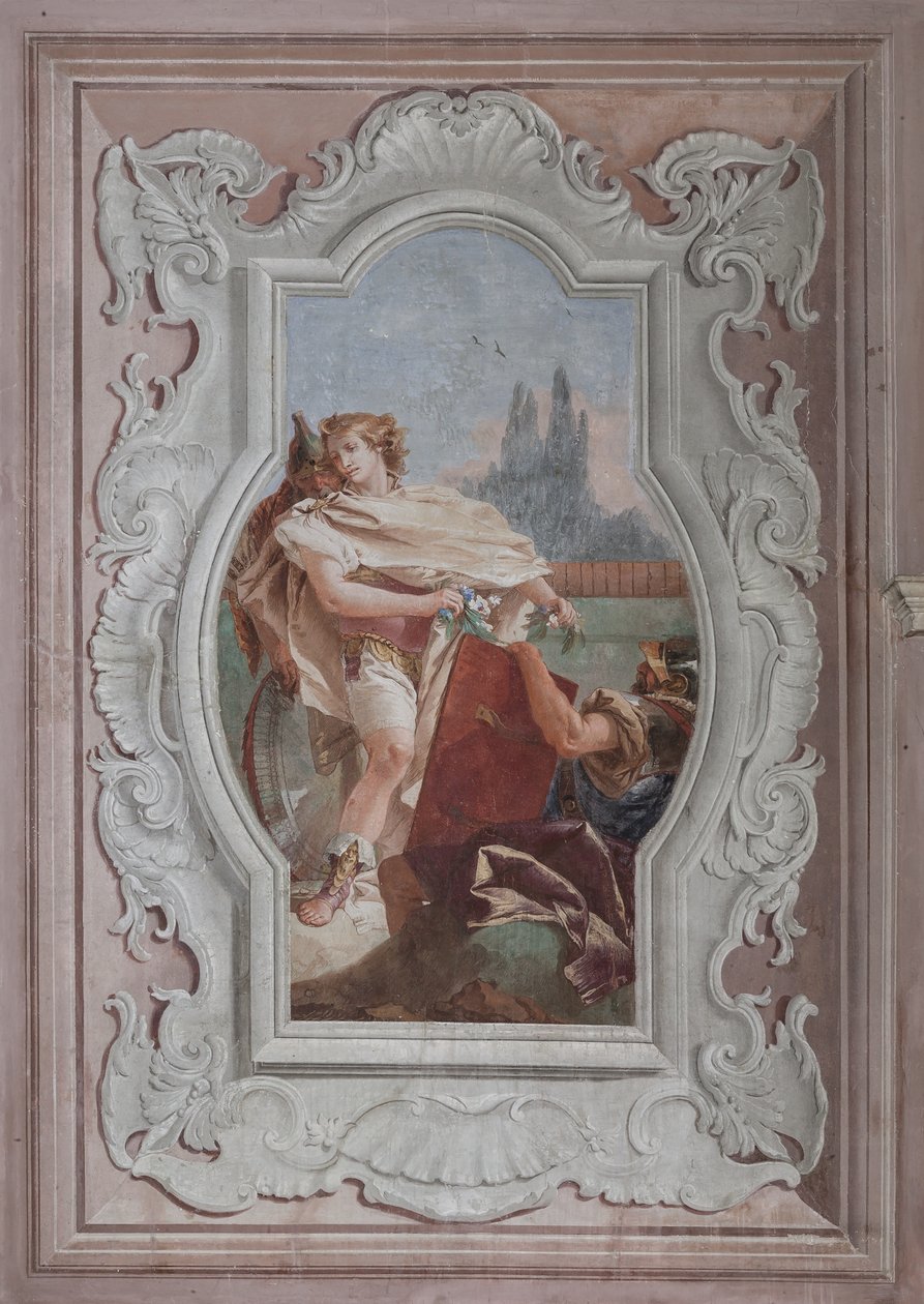 Palazzina: vista della quarta stanza o di Torquato Tasso, con affreschi che rappresentano episodi di "Gerusalemme liberata": "I compagni tengono lo specchio davanti a Rinaldo" da Giovanni Battista Tiepolo