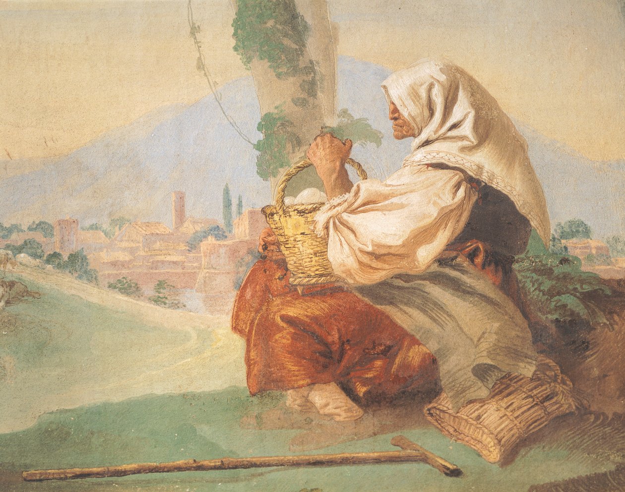 Paesaggio con contadino Un vecchio seduto, la testa coperta da un uomo sanguinante che nasconde il viso da Giovanni Battista Tiepolo