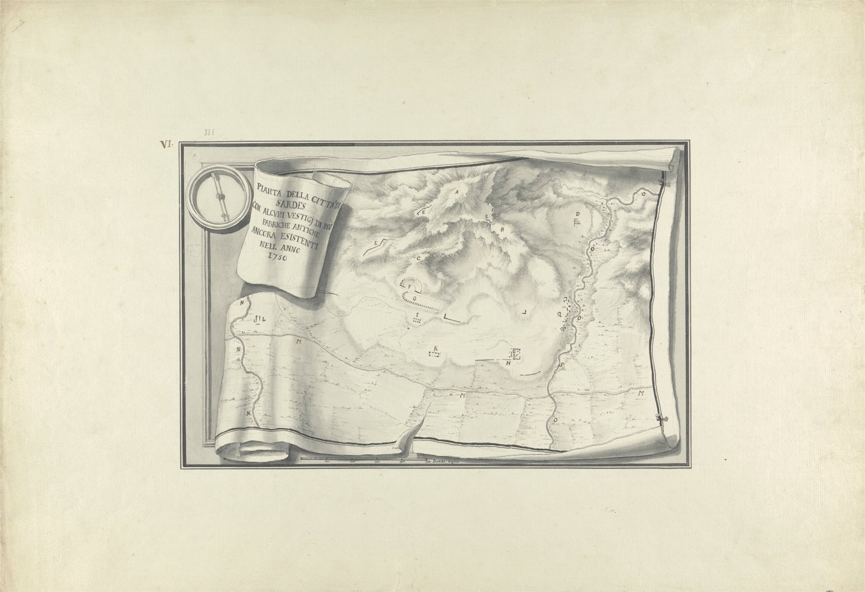Piano delle rovine di Sardi con vestigia di edifici antichi ancora esistenti nel 1750, c.1750 da Giovanni Battista Borra